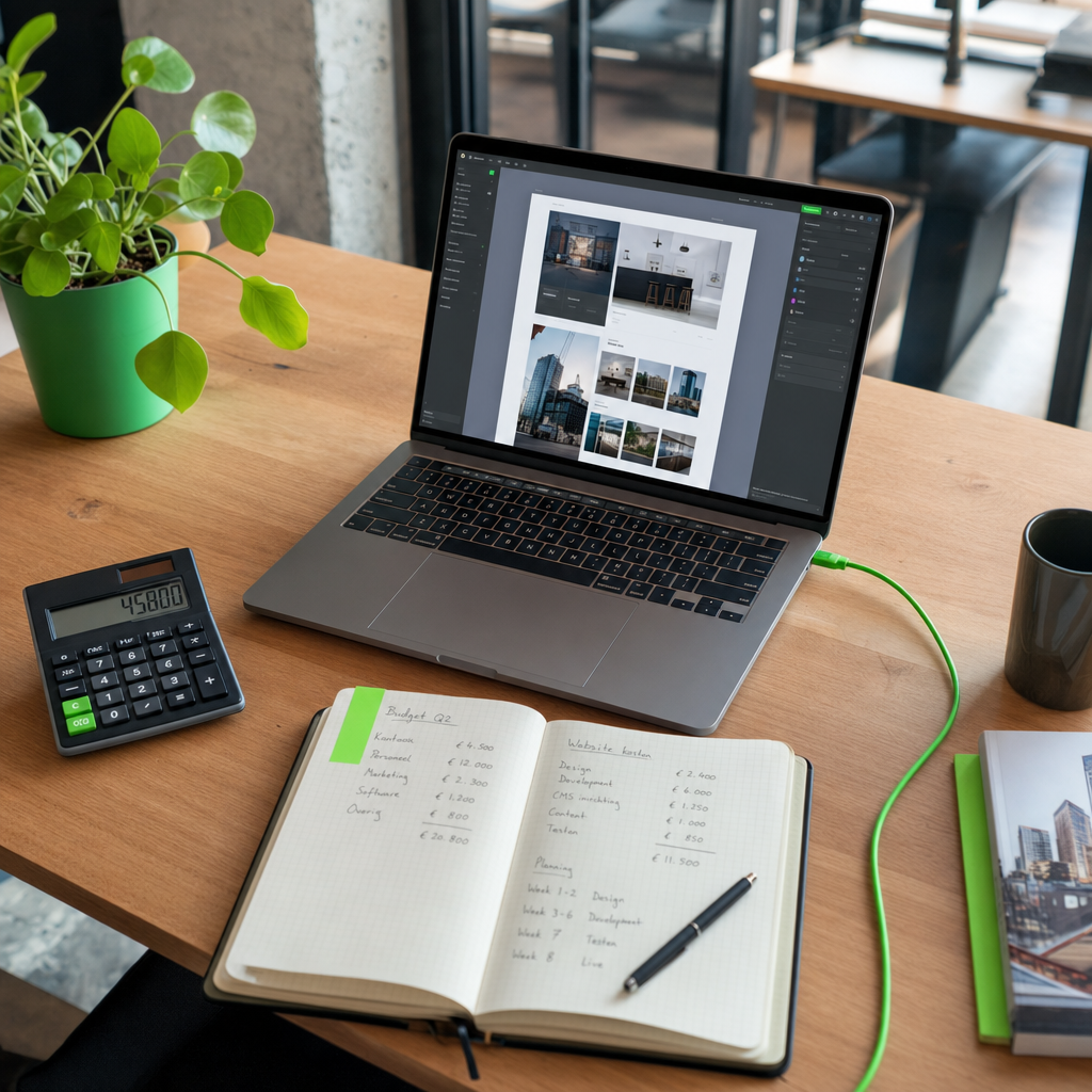 Bovenaanzicht van een bureau met laptop waarop een website-ontwerp zichtbaar is, een rekenmachine en een notitieboek met cijfers — sfeervol maar zakelijk. Geen stockfoto-gevoel: gebruik warme, echte kleuren. Geen mensen met brede glimlach in pak.