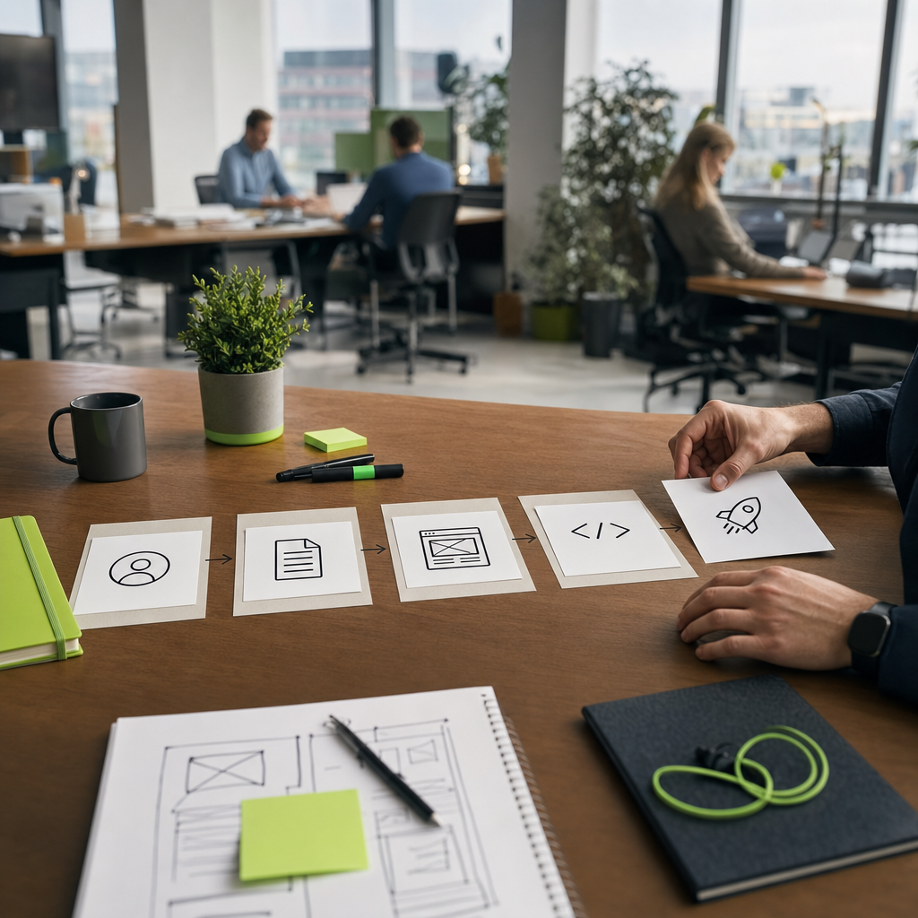 Visuele tijdlijn van het Brandways-proces: intake → voorstel → ontwerp → bouw → live, met iconen per stap. Stijl passend bij Brandways huisstijl.