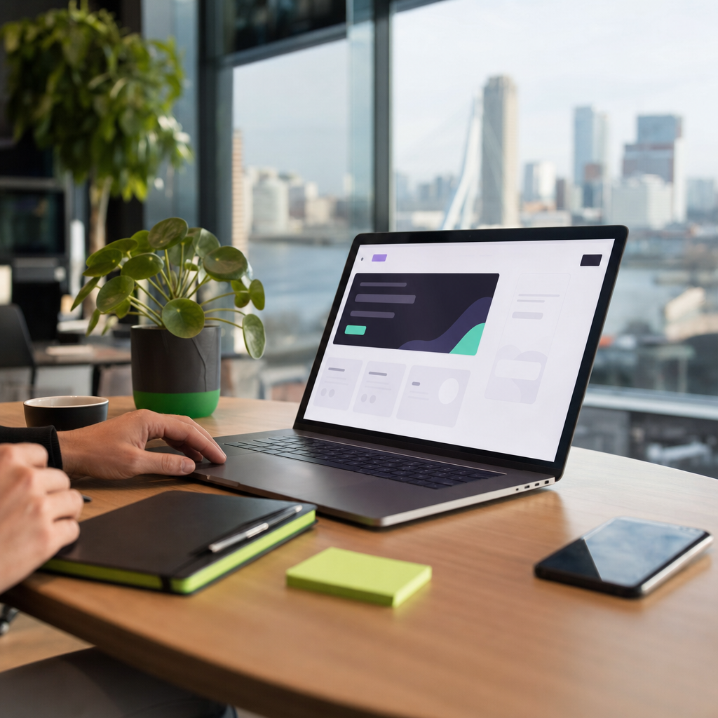 Een clean werkplek met een laptop waarop een strak, modern website-ontwerp zichtbaar is. Sfeer: professioneel maar toegankelijk, warme kleuren, geen stockfoto-gevoel. Geen mensen die overdreven enthousiast naar een scherm kijken.