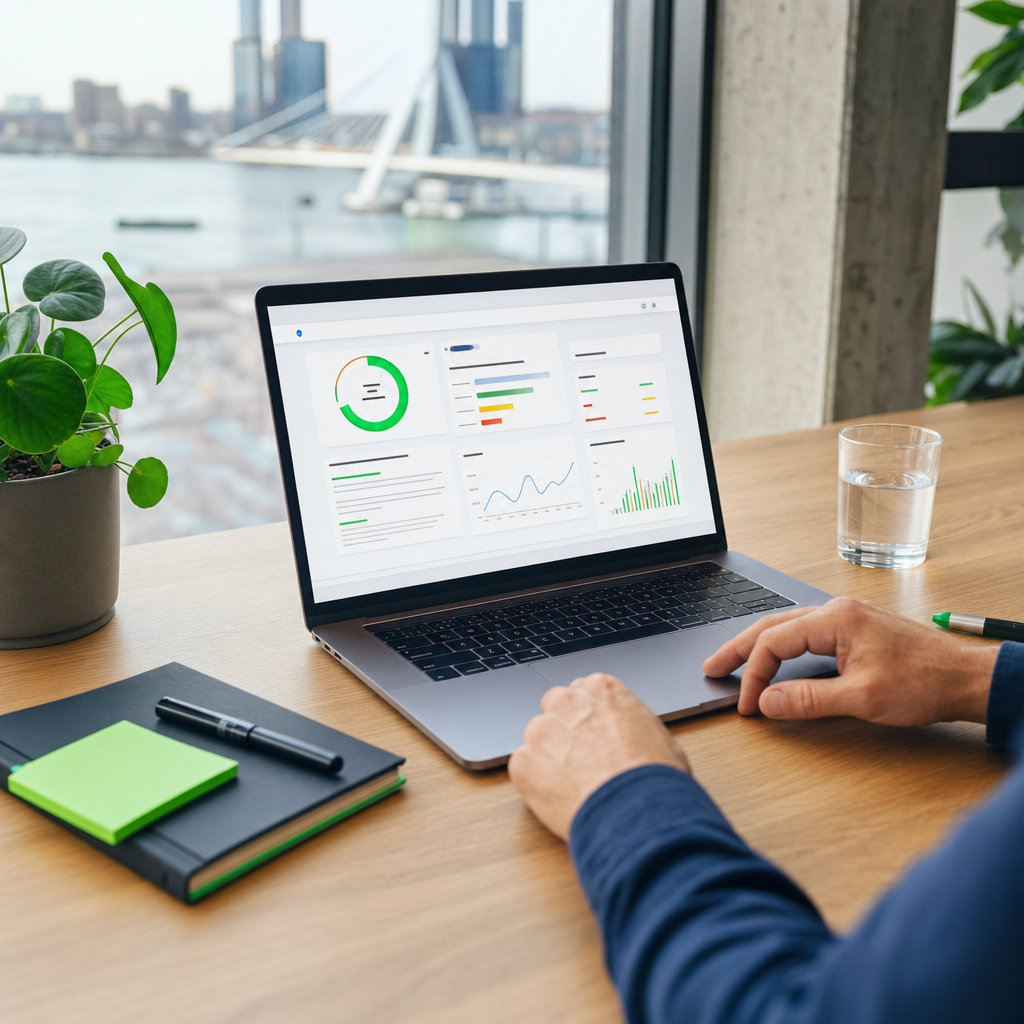 Bovenaanzicht van een laptop met een snelheidsmeter-grafiek op het scherm (PSI-stijl dashboard), op een opgeruimd houten bureau. Sfeer: zakelijk maar toegankelijk, lichte achtergrond. Geen stockfoto-gevoel.