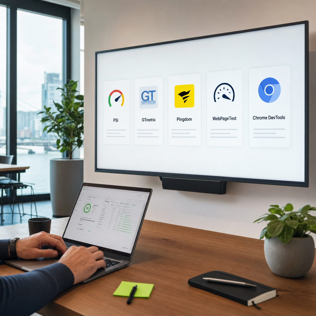 Screenshot-stijl illustratie van de vijf tools naast elkaar (PSI, GTmetrix, Pingdom, WebPageTest, Chrome DevTools) als icoontjes met een korte label. Infographic-stijl, Brandways-huisstijlkleuren.